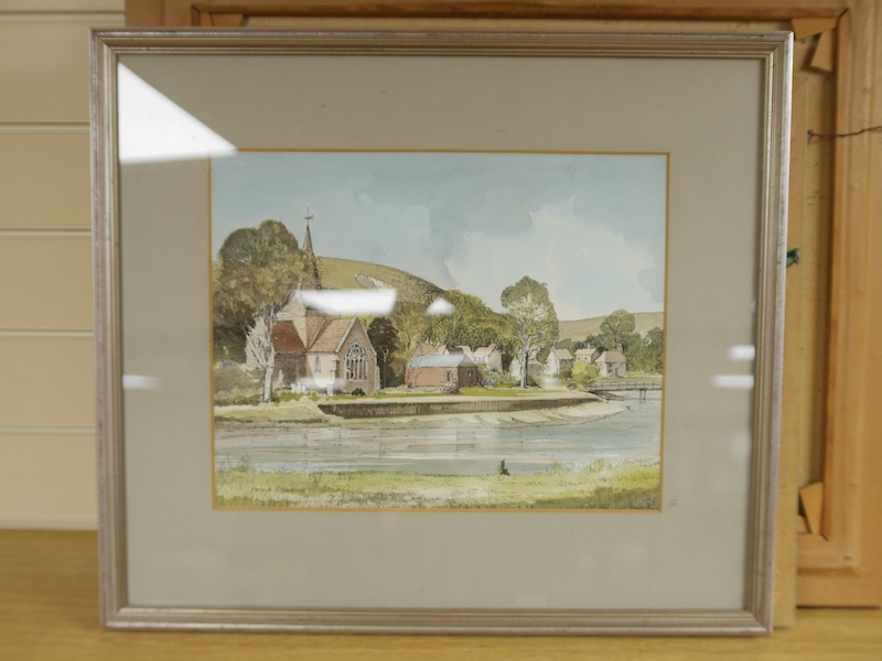 Peter Robbins, three works comprising an oil on canvas and two ink and watercolours, Alfriston views, each signed, one dated 1980, largest 49 x 59cm. Condition - good